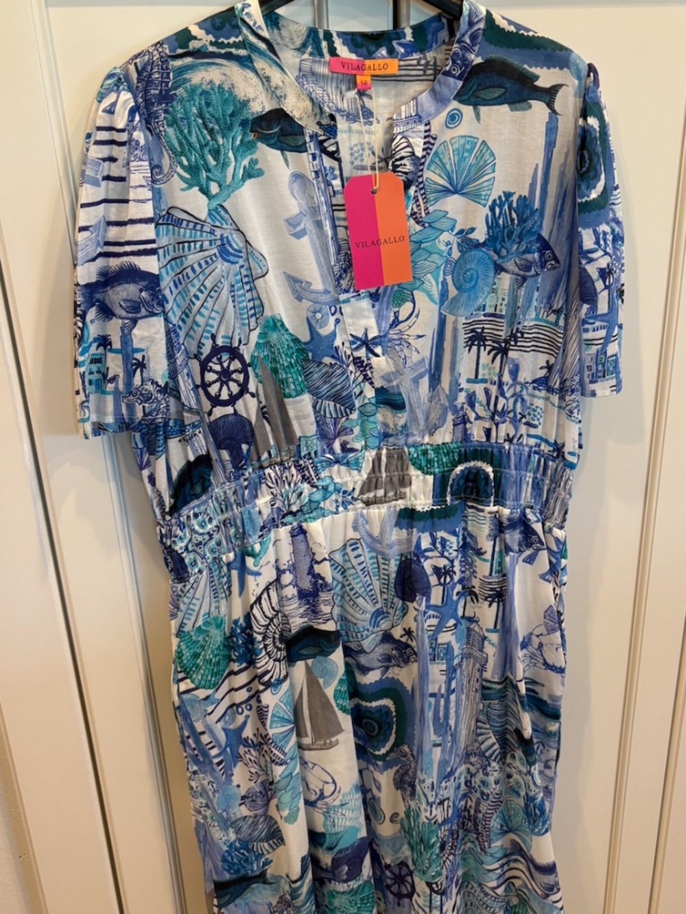 NWT Vilagallo Leila Shells Dress Blue White Short Sleeve Shift Dress EU50/US16